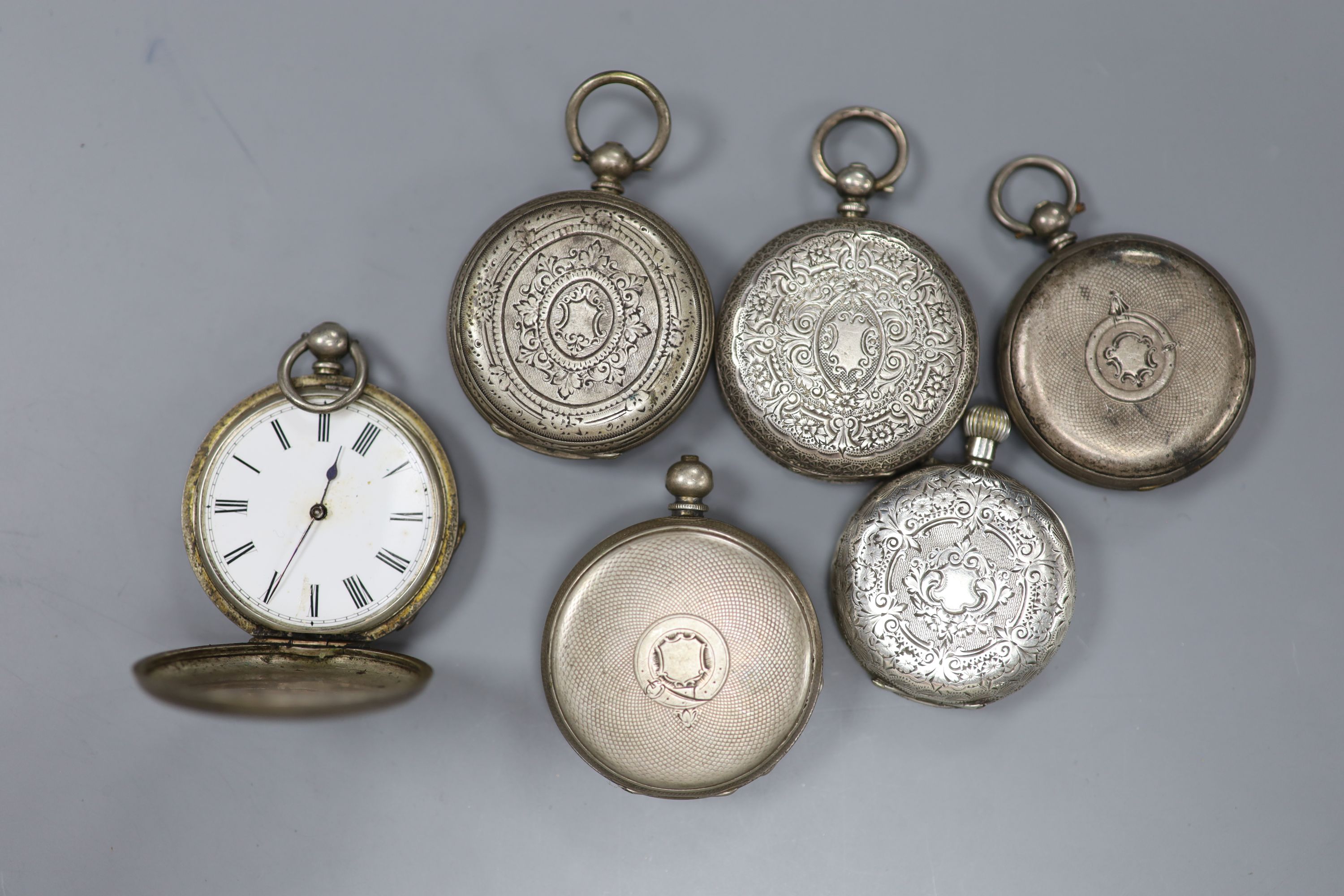 Six assorted continental white metal fob watches (a.f.).